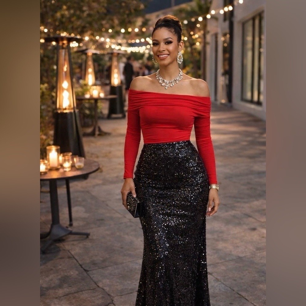 LAST CHANCE ENVIE RED Off The Shoulder Long Sleeve Top